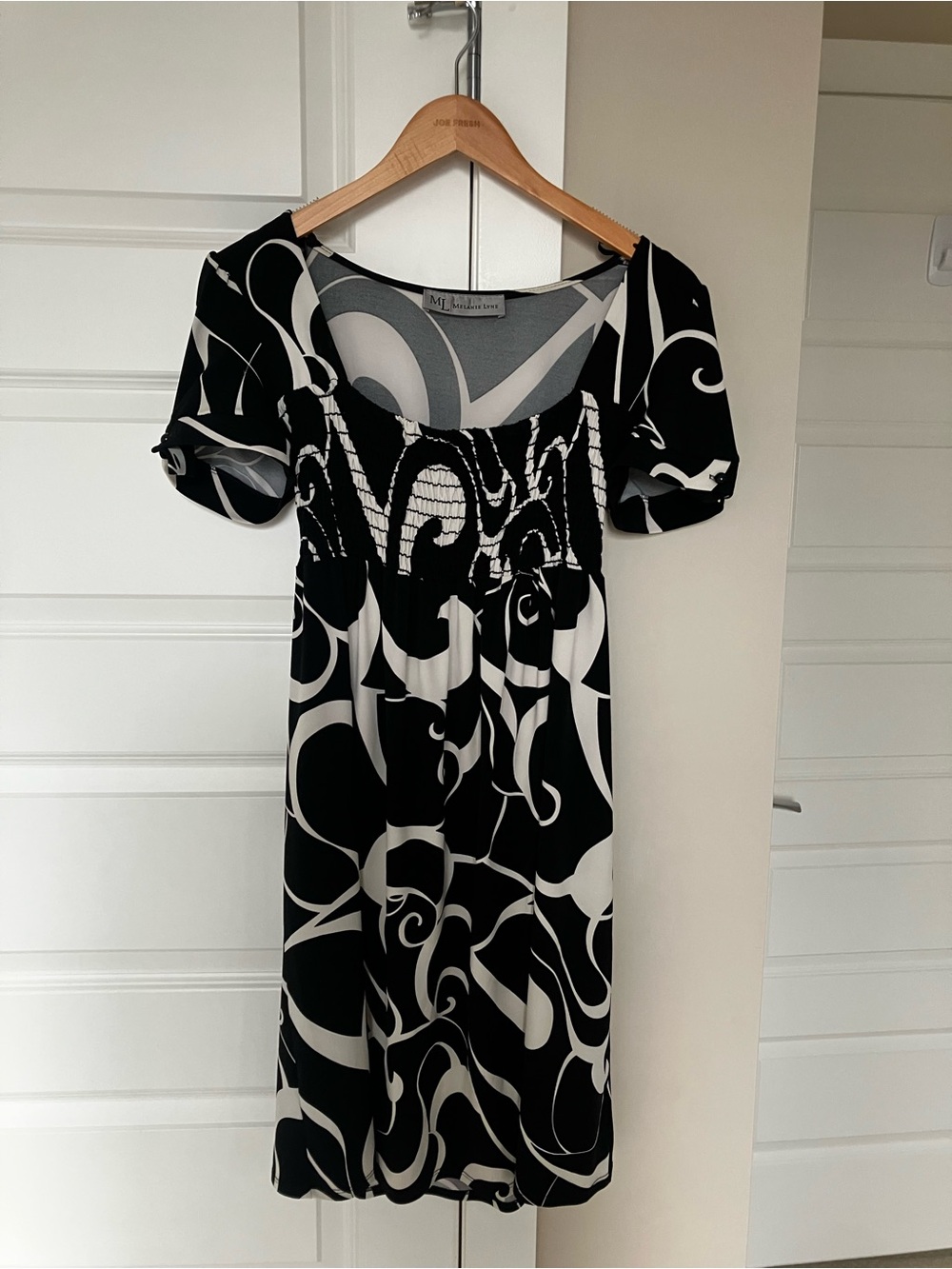 Smocked Bodice Black & White Printed Midi Dress